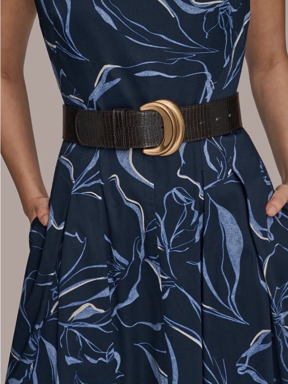 Donna Karan Navy Floral Maxi Dress with Light Blue Print and Brown Belt - Picture 4 of 8